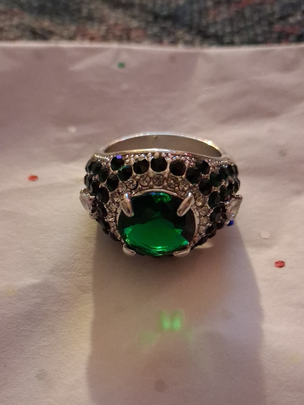 Bold Emerald Green Cocktail Ring with Silver-Tone Setting